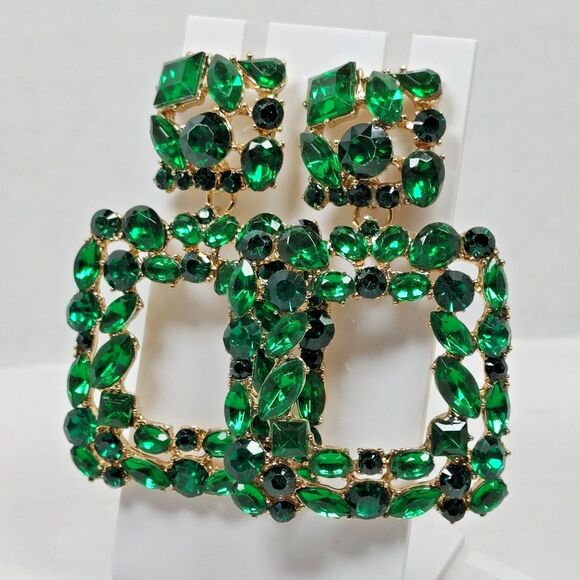 Gold Tone Metal Green Plastic Rhinestone Opulent Chandelier Earrings Square Drop - Picture 8 of 16